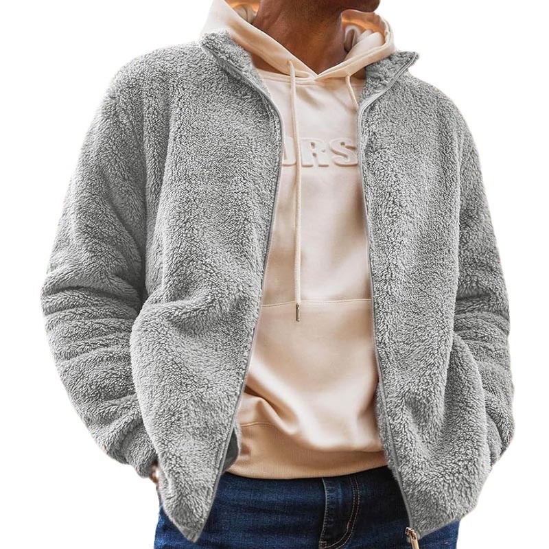 Men's Clothing Casual Plush Jacket Loose Hooded Zipper Solid Color Jacket_voghion.com