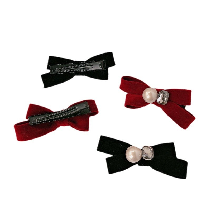 Terciopelo rojo pequeño arco de viento dulce temperamento princesa clips de bordes de alta sensación de diamante de boca de pato clips de cabello