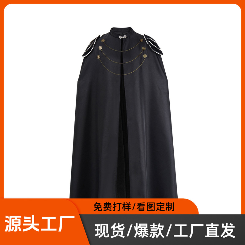 European cape with shoulder pads for men and women vintage bead curtain hooded cape performance costume performance cos suit