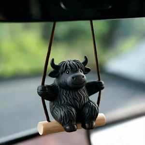 Interesting Highland Cow Swing Car Pendant Car Interior Decoration Cute Car Aromatherapy Rearview Mirror Hanging Ornament Healing Gift