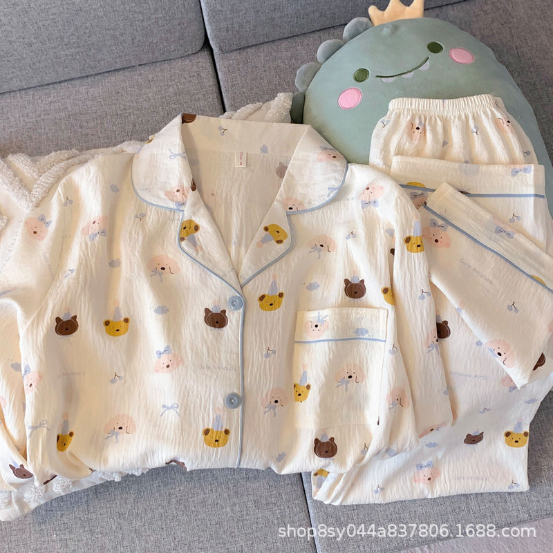 Dolce niña encantadora caricatura perro impresión pijama mujer primavera y otoño nuevo suelto pantalones largos de mangas largas set de ropa para el hogar