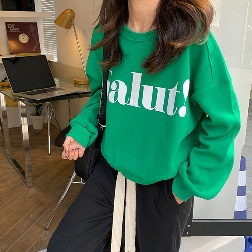Korean-style crewneck sweatshirt for women—autumn/winter new arrival, loose-fit, slimming, laid-back style, American retro print, fleece-lined top.