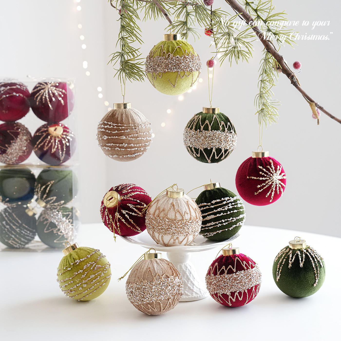 Nuevo producto de 8CM plástico envolvido bola tela de vello polvo adhesivo polvo de oro ligero de lujo bola de Navidad colgante colorida bola de Navidad colgante