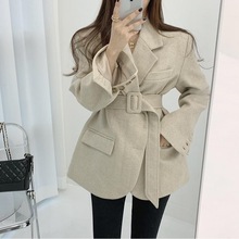 现货 韩国chic秋冬复古翻领系带收腰显瘦人字纹西装毛呢短外套女