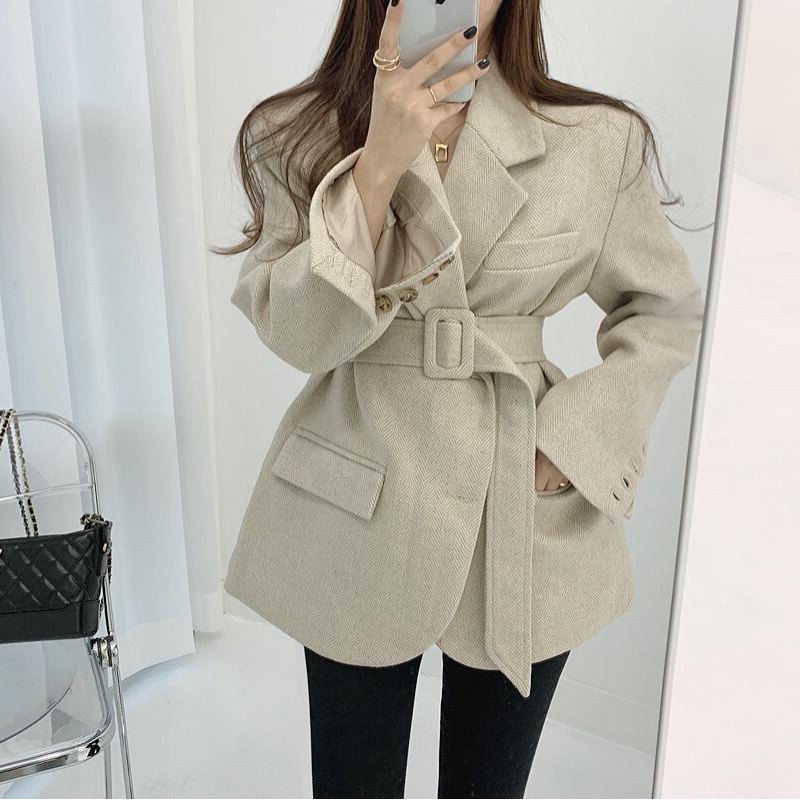 现货 韩国chic秋冬复古翻领系带收腰显瘦人字纹西装毛呢短外套女