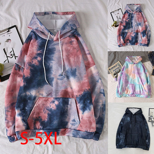 Women's Autumn/Winter tie-dye puffer hooded sweatshirt, warm, loose fit, large size, camouflage, versatile fashion top, trendy