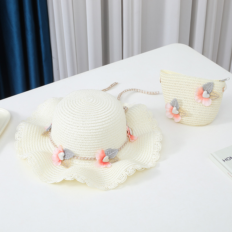 Flower decorated wavy edge straw hat-milk white