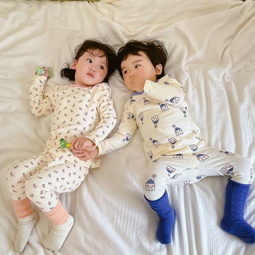 Korean style boneless children's pajamas, autumn clothes and long trousers sets for boys and girls, pure cotton thermal underwear, autumn and winter baby home clothes