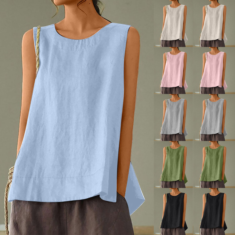 2026 Large Size Loose Casual Cotton and Linen Solid Color Sleeveless Top T-Shirt Camisole Large Size Camisole for Women Plus Size