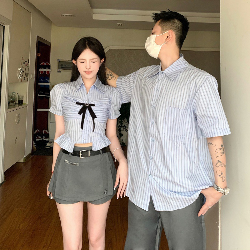 2023 여름 퍼프 소매 반팔 대학 스타일 셔츠 디자인 활 최고 여성 여름 스파이스 소녀 커플 원피스