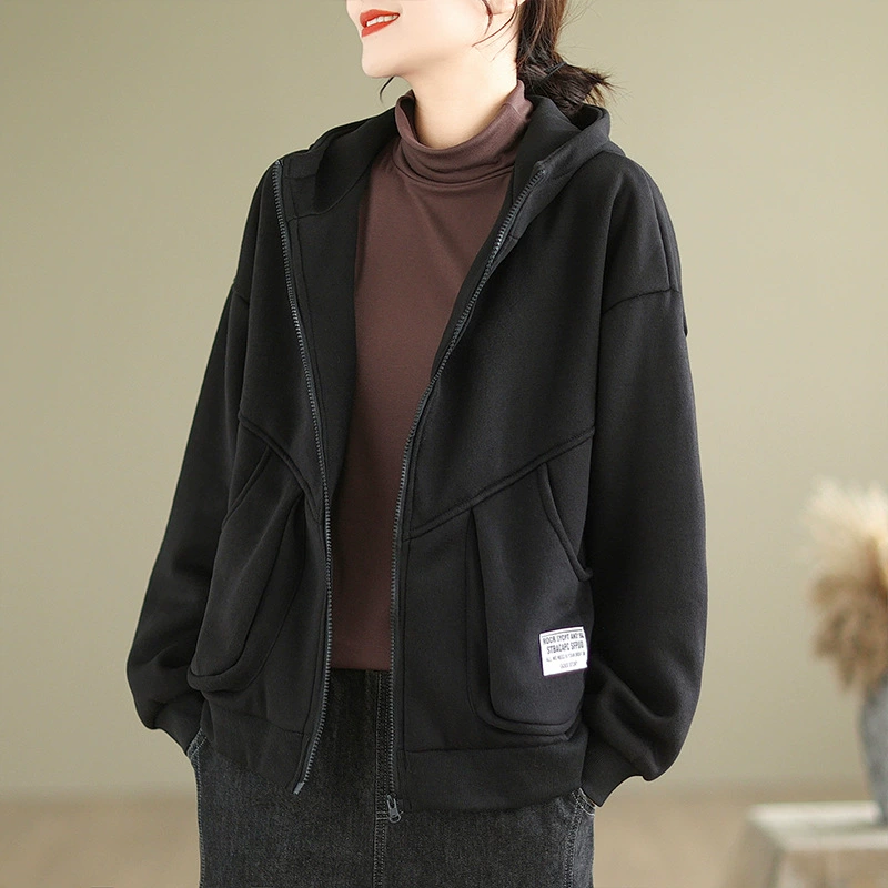 Winter warm retro hoody, colored patch, sweatshirt with zipper