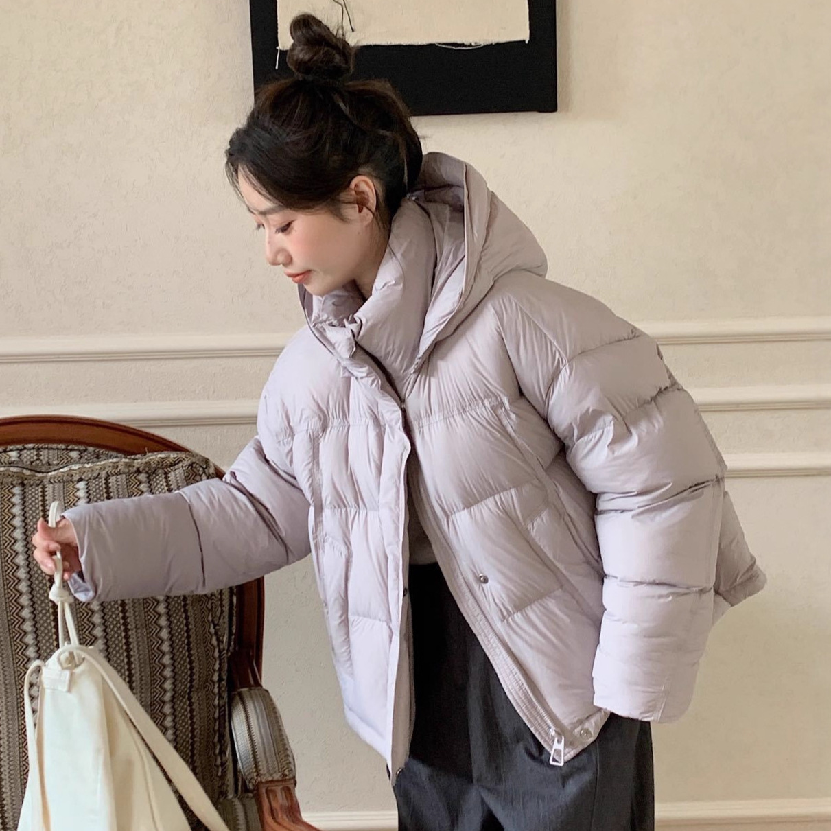 韩系羽绒服女2025新款连帽加厚90白鸭绒面包服宽松韩国东大门外套