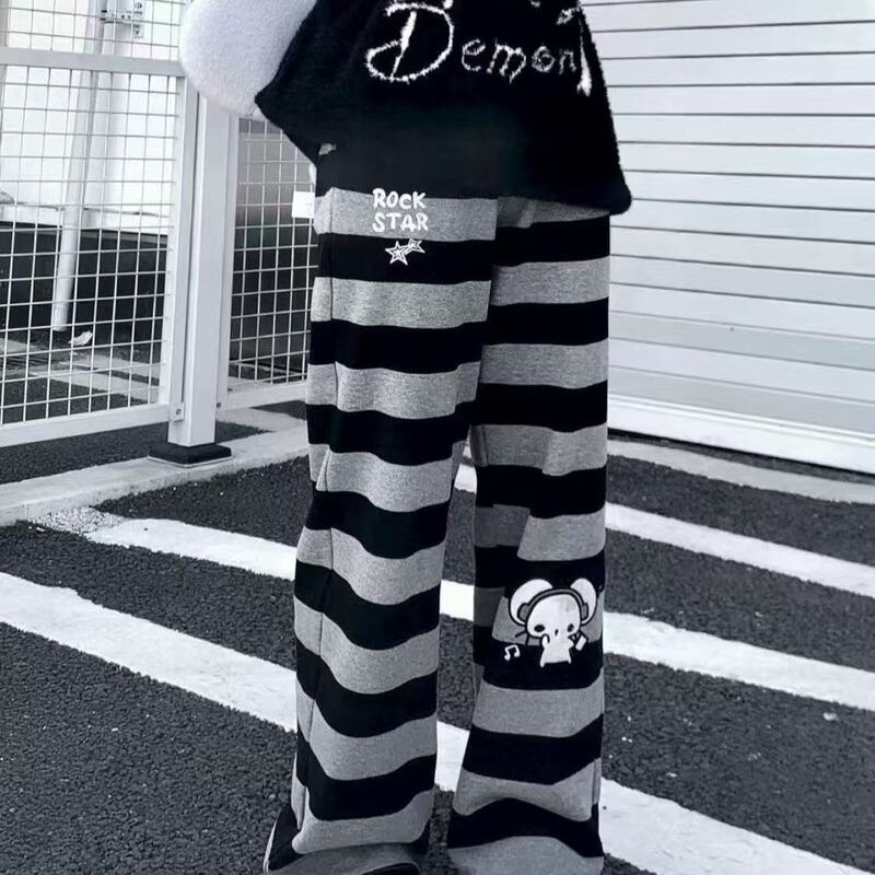 2026 Spring/Summer Thin Cute Punk Mouse Embroidery Pants for Women, Unique Stylish Black and Gray Striped Casual Pants 2026 Spring/Summer Thin Cute Punk Mouse Embroidery Pants for Women, Unique Stylish Black and Gray Striped Casual Pants