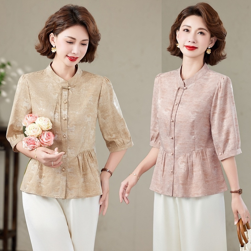 New Chinese-style Buckle Seven-point Sleeve Shirt Women's high quality Summer Middle-aged Mother's Short-sleeved Shirt Women's T-shirt Top