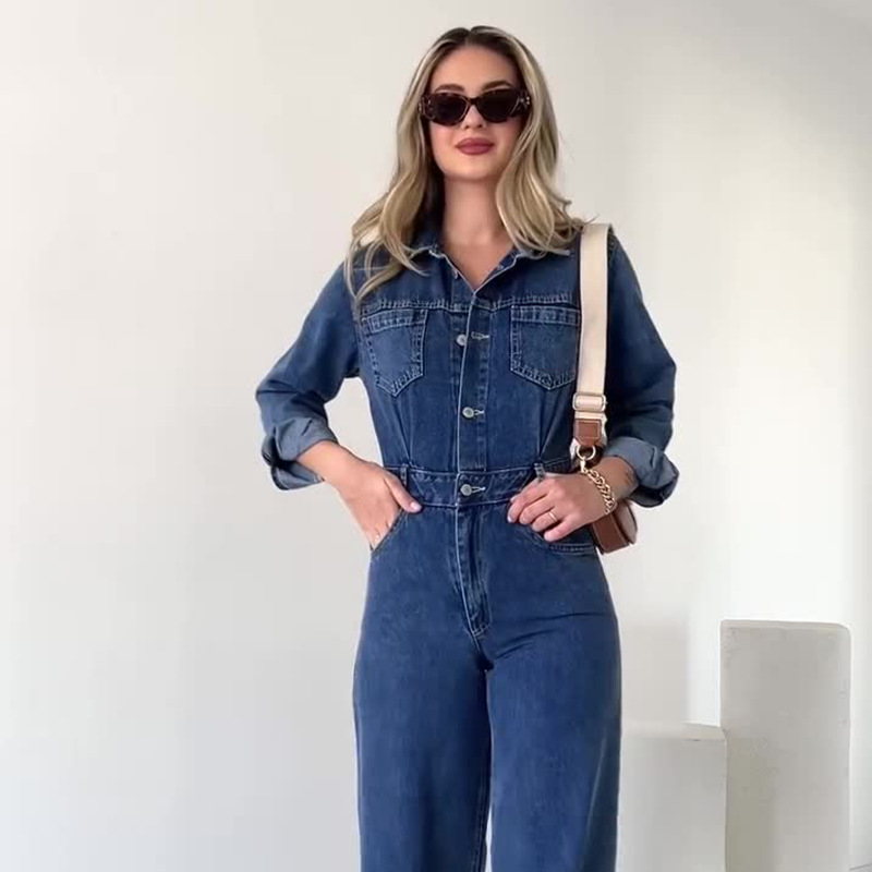 2024 otoño nuevo estilo europeo y americano Amazon transfronterizo ropa de mujer color sólido moda casual mezclilla cintura mono