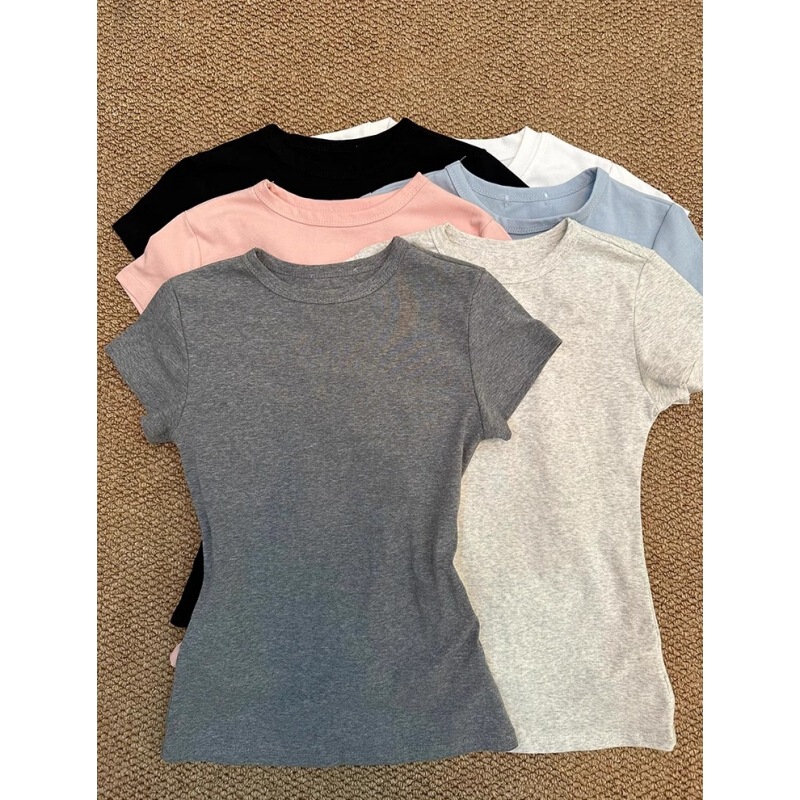 Gray Round Neck Right Shoulder Short Sleeve Women's Summer Basic Slim Cotton T-Shirt with Small Bottoming Shirt Top