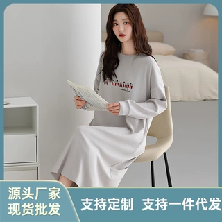 新款长袖睡裙女款春秋季睡衣纯棉大码春季甜美可爱圆领长款家居服