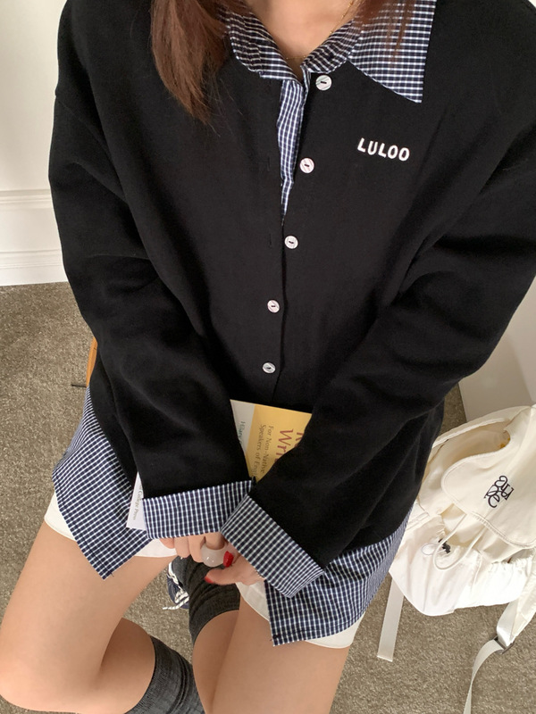 GAGD 松弛感格子拼接衬衫假两件开衫卫衣女 25秋季miu系上衣外套|undefined