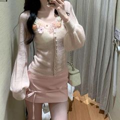 两件套/单件新款减龄百搭立体花朵针织衫+温柔风紧身短裙套装女