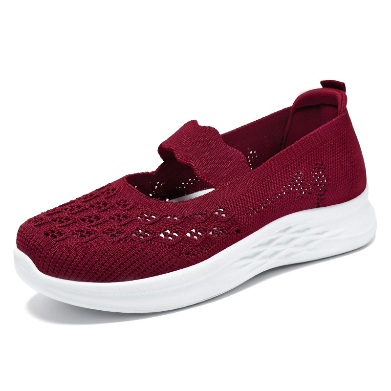 Zapatos de mujer, novedad de verano, zapatos de malla hueca tejidos con mosca, zapatos de tela de Beijing antiguos de una pierna, zapatos de mamá de moda, venta al por mayor transfronteriza