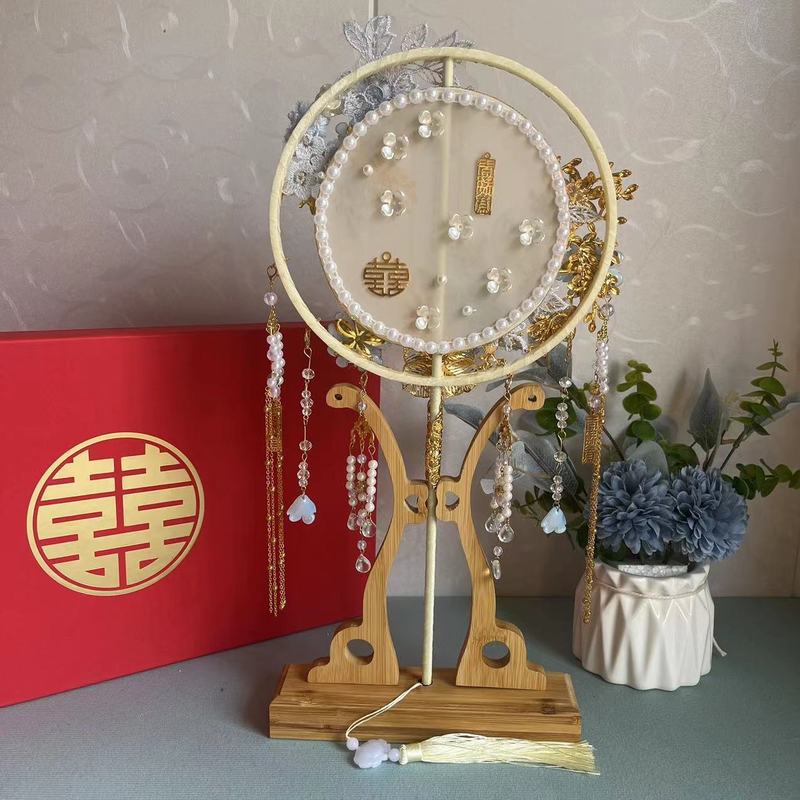 结婚团扇婚礼出嫁秀禾手工喜扇子双面淡重工新娘diy材料包蓝色|undefined