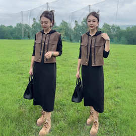 时尚套装裙女2025秋季新款时髦洋气麂皮绒马甲连帽卫衣裙两件套裙