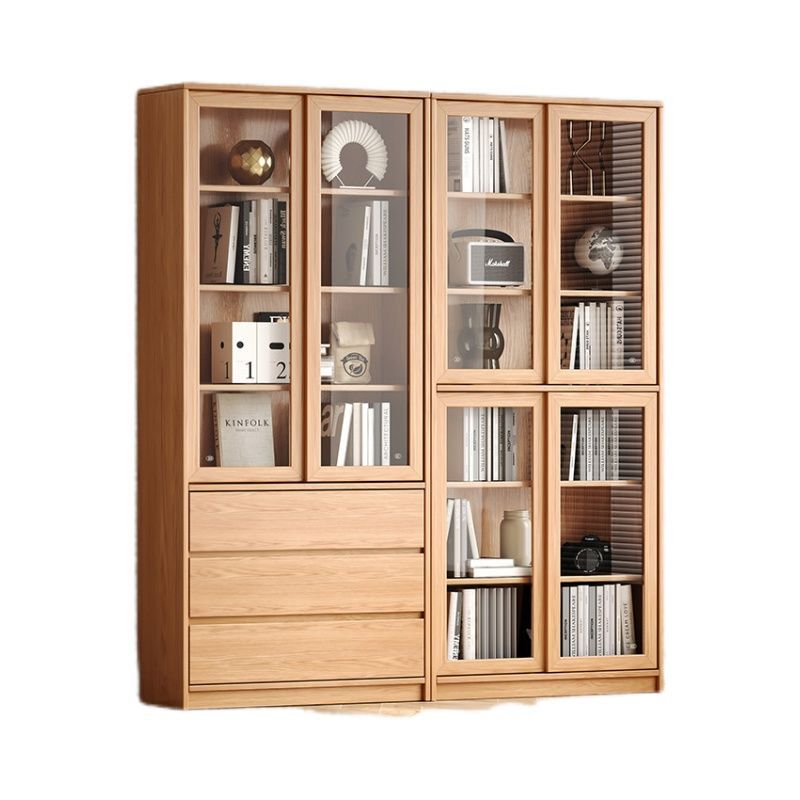 Solid oak wood simple modern home bedroom study bookshelf light luxury bookcase with sliding doors and glass shelves Solid oak wood simple modern home bedroom study bookshelf light luxury bookcase with sliding doors and glass shelves