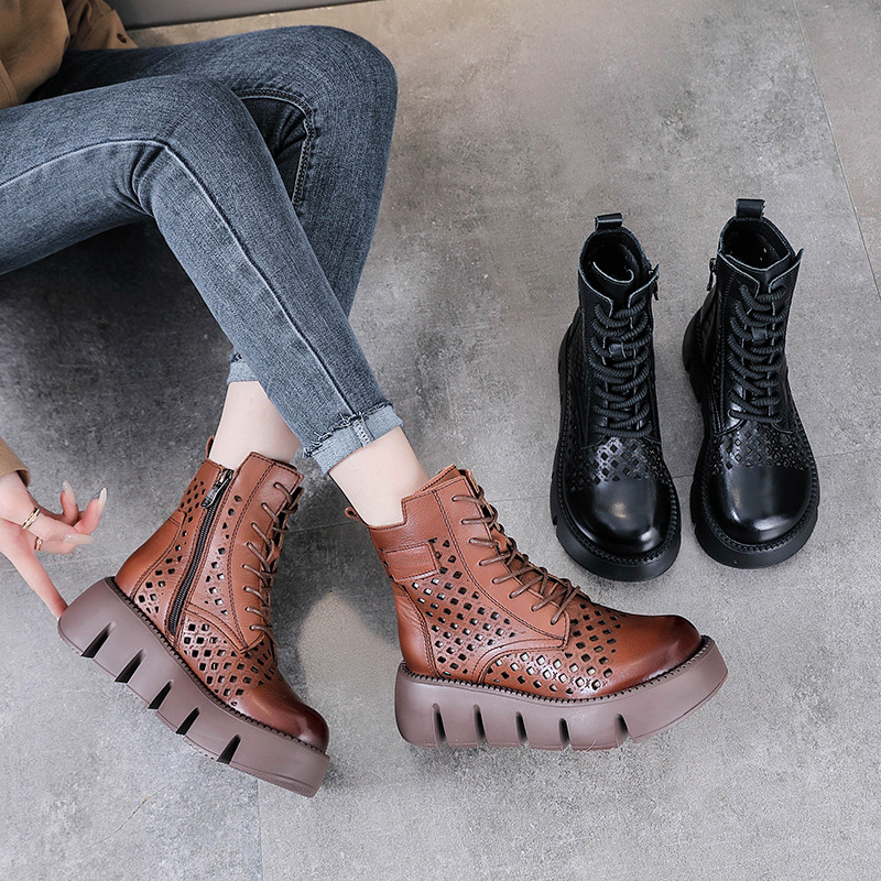Giày boot nữ cổ cao da bò thật đế bánh xốp dày — Màu nâu