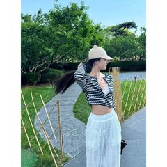 新品亚马逊欧美撞色条纹设计感短款针织开衫感小众长袖上衣女外套