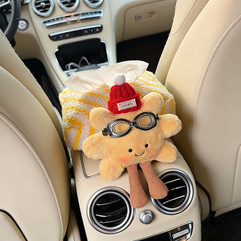 Plush Sunflower Car Tissue Holder Creative Car Tissue Box Car Armrest Tissue Pack In-Car Tissue Box