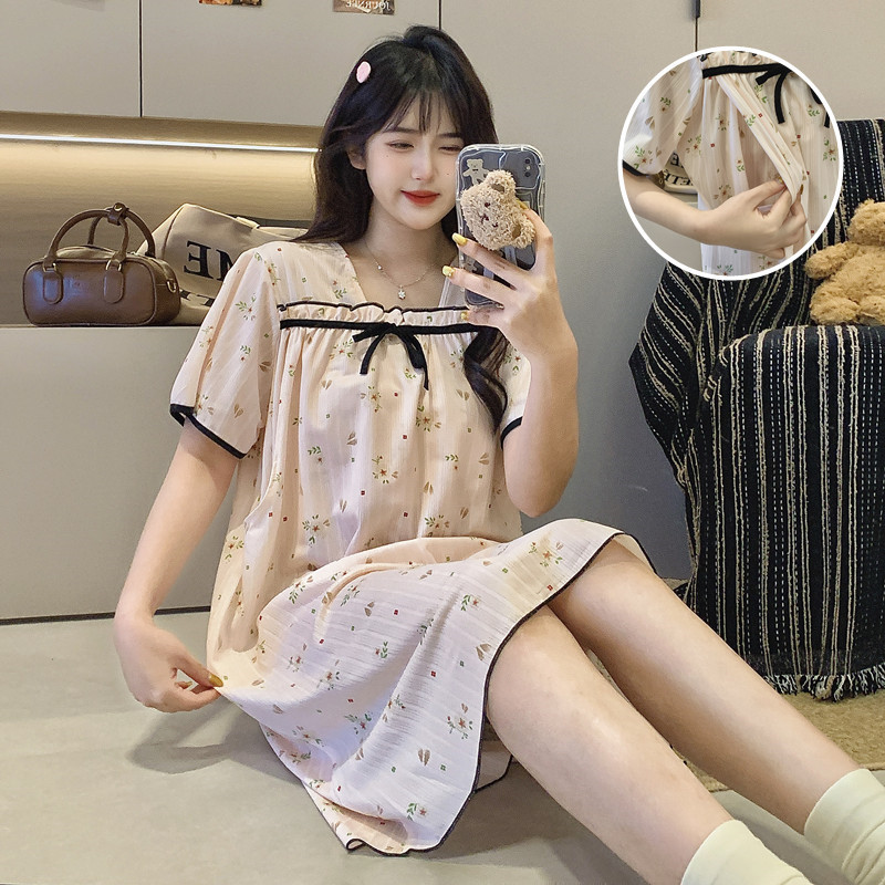 Special Offer New Maternity Plus Size Confinement Clothes Short-Sleeved Summer Thin Outing Nursing Pajamas Postpartum Breastfeeding Home Dress