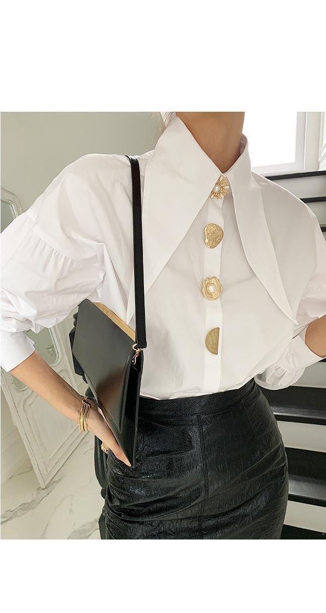 Pointed Collar Blouse for Women White Shirt with Abstract Print Office-to-Date A-Line Top Single Button Closure XS-3XL_voghion.com