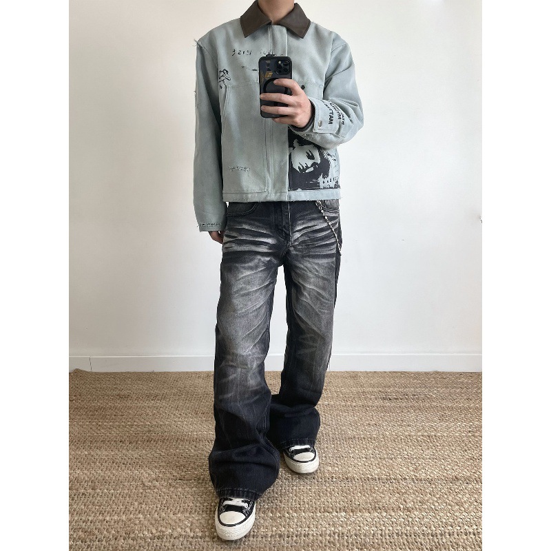 Men's Clothing Distressed Vintage Washed Black Jeans Loose Straight Leg A-Line Fit Men's Denim_voghion.com