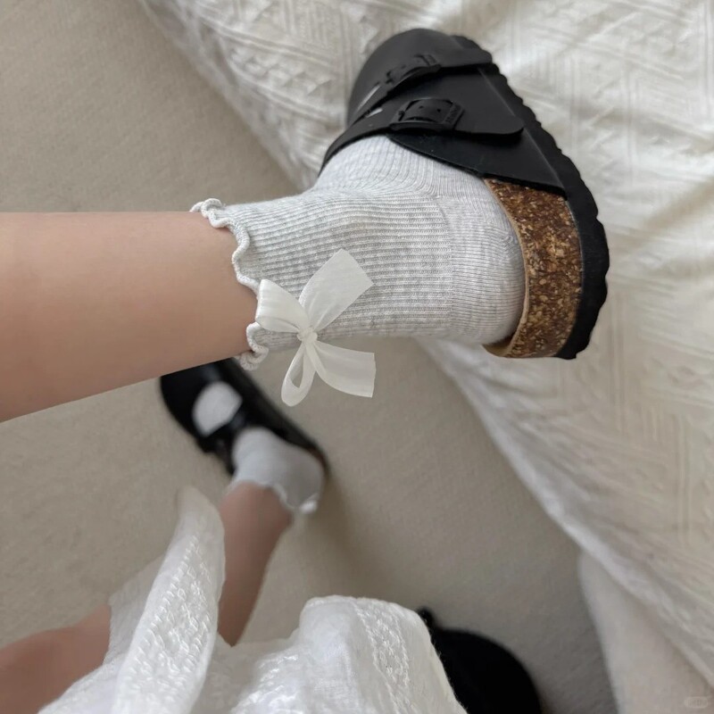 大蝴蝶结中筒袜棉袜纯色欧美风泡泡口女袜子蝴蝶结|undefined