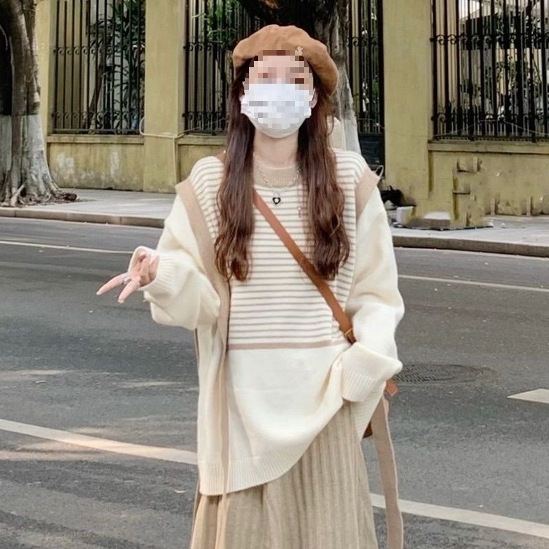 瘦高针织腰毛衣新款条纹宽松大码时尚显慵懒风撞色秋冬半身裙套装