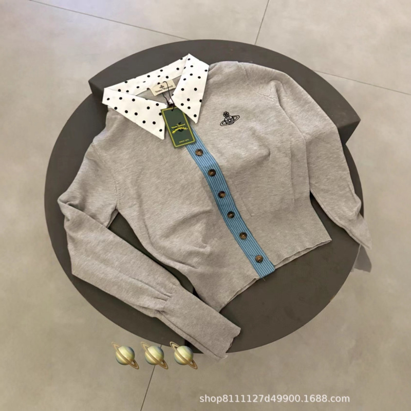 高版本25新款早秋西太后土星刺绣假两件针织开衫美式复古百搭上衣|undefined