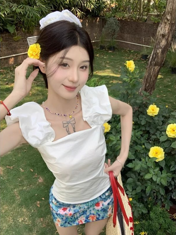 甜辣套装一字肩衬衫法式短款上衣女夏季复古碎花半身裙短裙两件套|undefined
