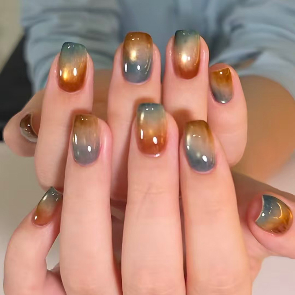 Blue and brown gradient cat-eye press-on nails, square shape, Maillard gradient, atmospheric retro fake nails wholesale