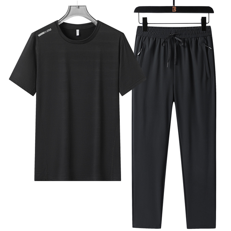 Hombre de verano helado juego deportivo casual transpirable rápido seco cuello redondo manga corta suelta pantalones largos de dos piezas al por mayor