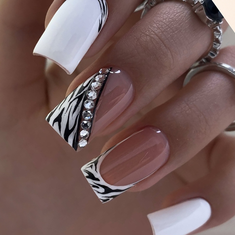 Wear Square Hot Girl Style Zebra Pattern French Edge Diamond Design Manicure Patch Fake Nails Nails Wear Square Hot Girl Style Zebra Pattern French Edge Diamond Design Manicure Patch Fake Nails Nails