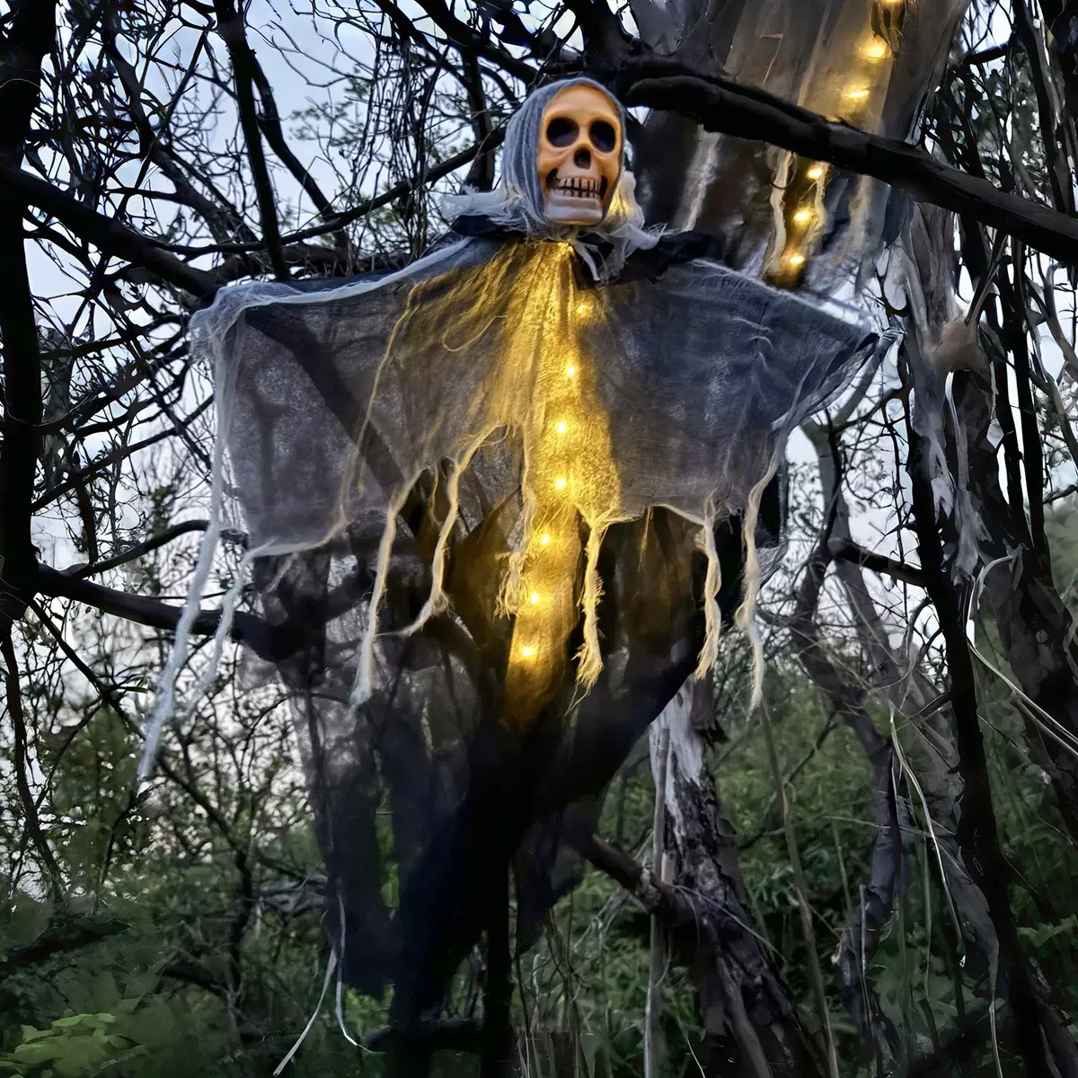 Decoración de Halloween, fantasma colgante luminoso, gasas, gasas, arreglos al aire libre, accesorios de terror, adornos de árbol al aire libre, colgantes