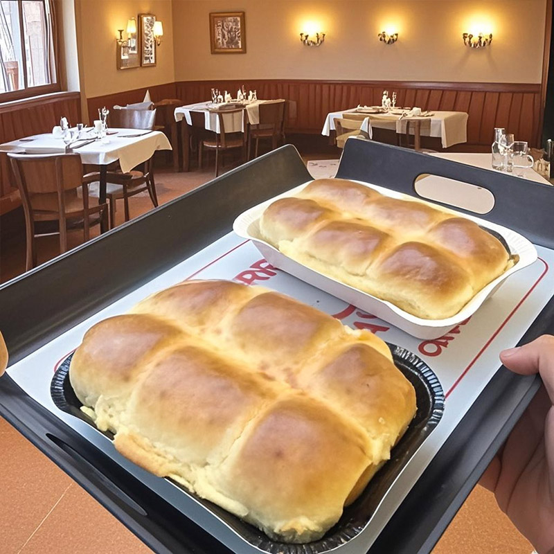 Pan vasco resistente a altas temperaturas abdominal tostada bandeja de papel calentado bandeja de cartón tostada empaque horneado mientras caliente colección de lo mismo