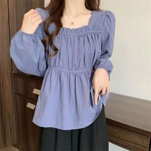 大码女装春秋装新款泡泡袖方领衬衫女宽松显瘦遮肚子藏肉长袖上衣