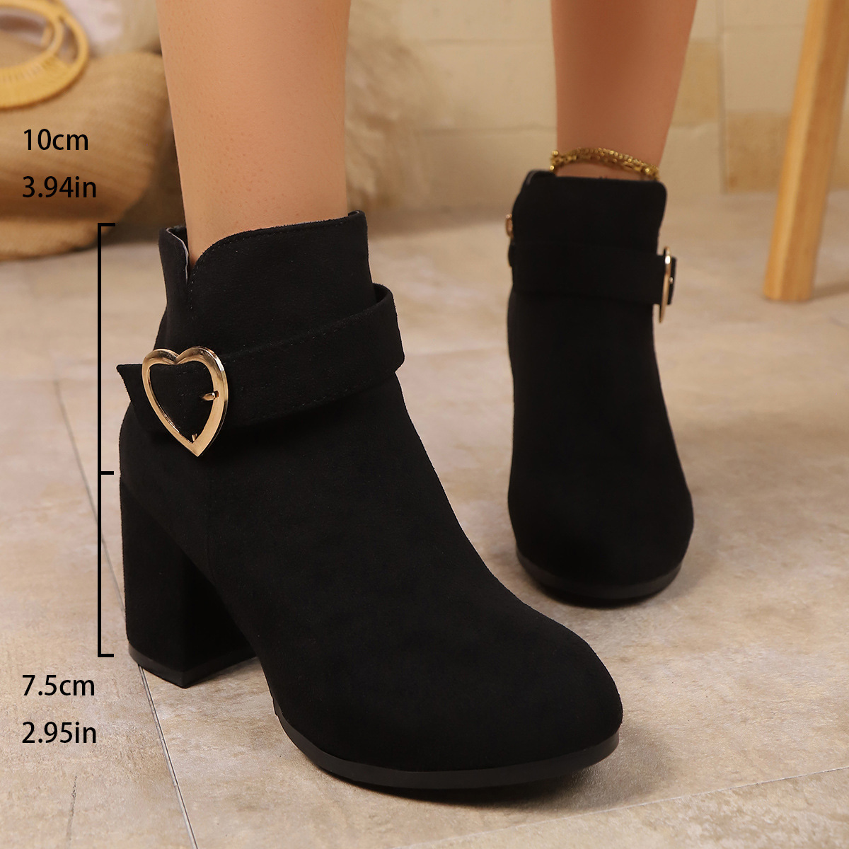 Botines de mujer con hebilla metálica en forma de corazón, estilo europeo americano, tacón medio, elegante cremallera lateral, tacón grueso Martin, otoño._voghion.com