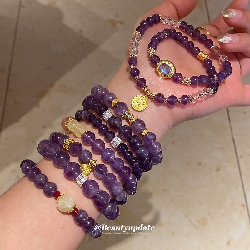 Pulsera de pulsera de cristal amatista de marca redonda de circón apilada, pulsera de lujo ligero, pulsera de alta calidad, diseño de nicho, joyería de mano para mujer