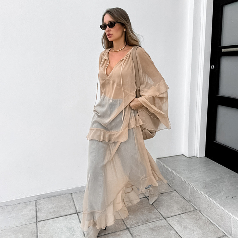 2026 Spring/Summer European and American Sexy Sheer Chiffon Dress with a Pure and Alluring Style, Paired with a Loose Khaki Batwing Sleeve Long Dress 2026 Spring/Summer European and American Sexy Sheer Chiffon Dress with a Pure and Alluring Style, Paired with a Loose Khaki Batwing Sleeve Long Dress