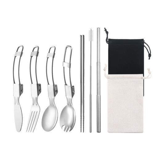 304 stainless steel folding knife, fork, spoon, outdoor camping portable tableware, portable salad spoon, chopsticks and straw set