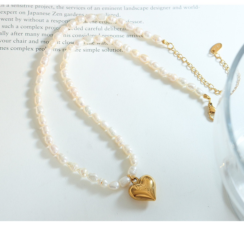 Fashion Heart Shape Titanium Steel Plating Artificial Pearls Pendant Necklace 1 Piece