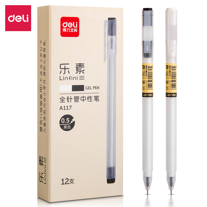 Deli A117 Gel Pen Simple Transparent White 0.5mm Needle Tip Pen for Students Black Carbon Pen