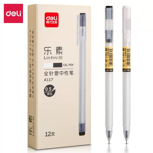 Deli A117 Gel Pen Simple Transparent White 0.5mm Needle Tip Pen for Students Black Carbon Pen